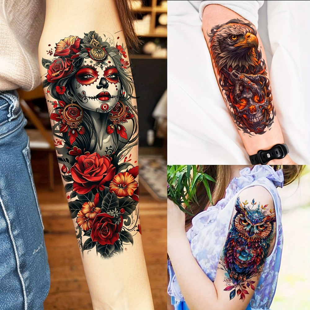 Temporary Tattoos, 71-Sheet Old School and Gothic Set with Tiger, Wolf, Lion, Dragon, Skull and Floral Motifs