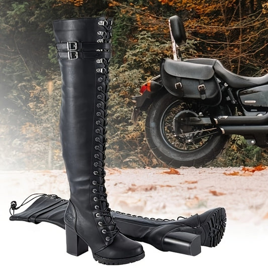 Women's Over-the-Knee Biker Boots, Faux Leather Thigh High Lace-Up Knee High Boots with Chunky Heel & Buckle, Sexy Round Toe Riding Boots in Black, US Sizes 6–10