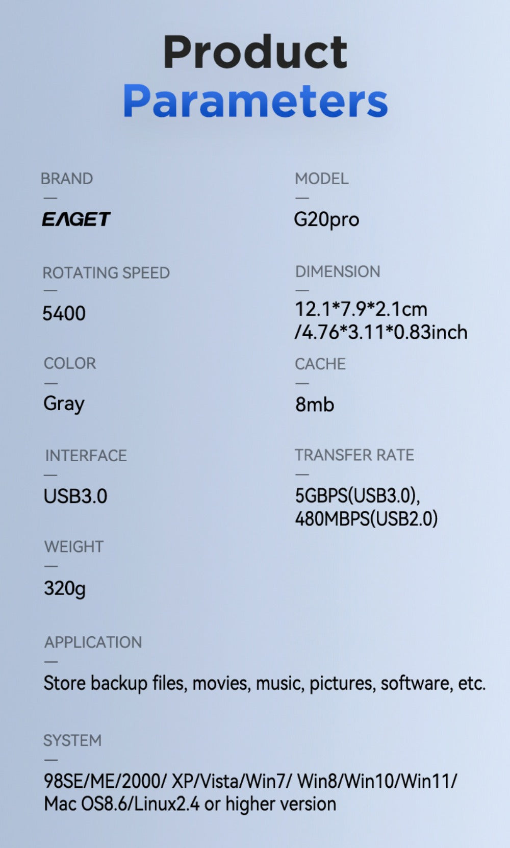 Dual-Disk 1TB Portable Hard Drive with USB 3.0 Interface, EAGET G20 Pro Black Enclosure and Type-C Diagram