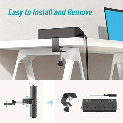 Desk Clamp Power Strip 12-in-1 Surge Protector with 6 Outlets 4 USB-A 2 USB-C PD 20W 40W Fast Charging Desktop Mount Flat Plug for Home Office Tabletop