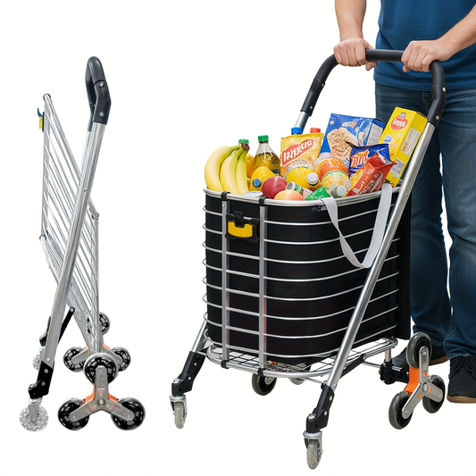 Stair Climbing Cart Collapsible Shopping Trolley with Swivel Wheels & Night Light, Portable Folding Utility Cart for Supermarket Camping Groceries Indoor Outdoor Use