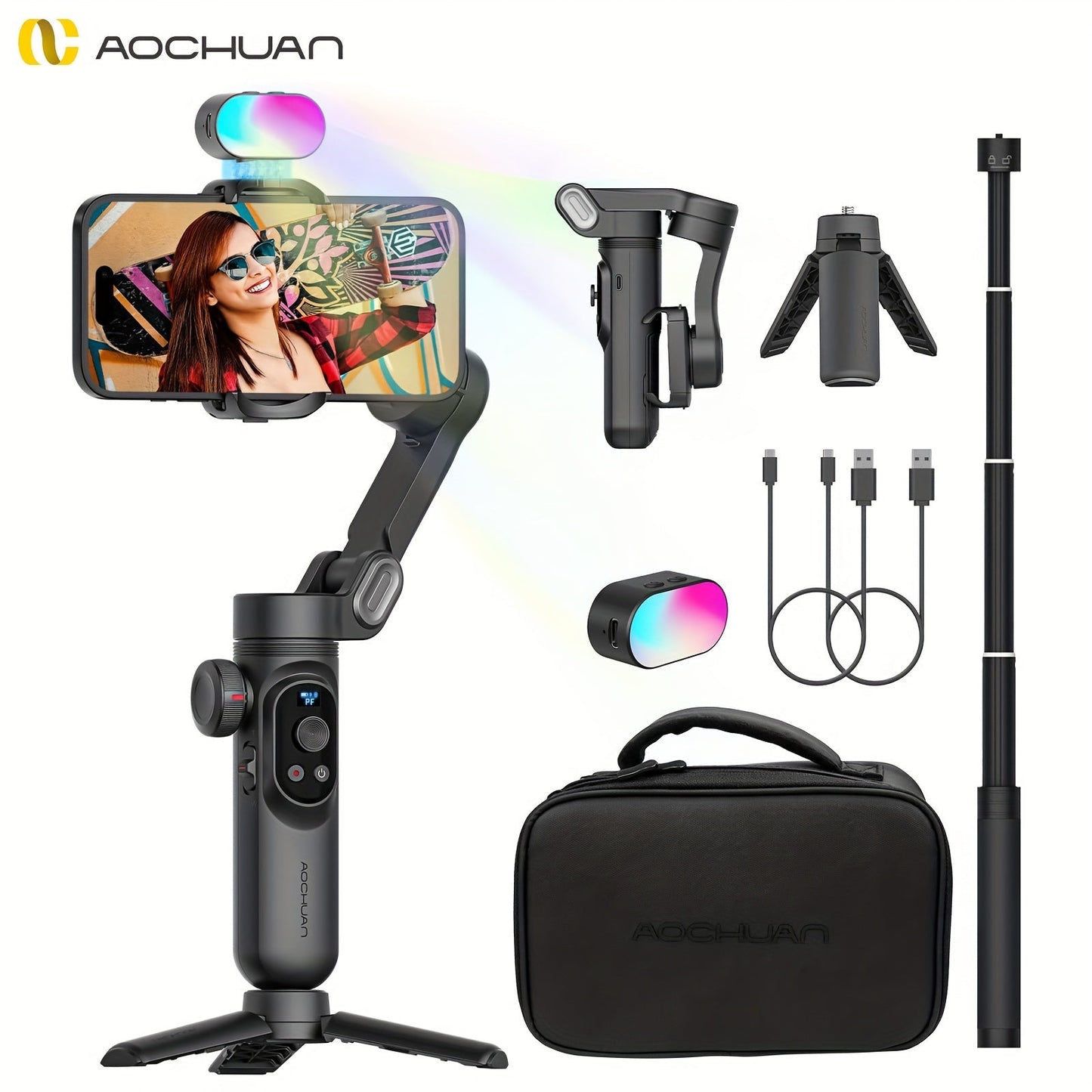 AOCHUAN Smart X Pro Combo 3-Axis Smartphone Gimbal Stabilizer | RGB Fill Light, Extension Rod, OLED Display & Wireless Charging for iPhone 15 14 13 Pro Max, YouTube Vlogging & Live Streaming