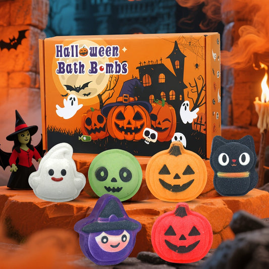 Bath Bombs, 5-Piece Halloween Gift Set with Pumpkin, Bat, Skull, Hat and Cat Shapes in Individual Wrappers