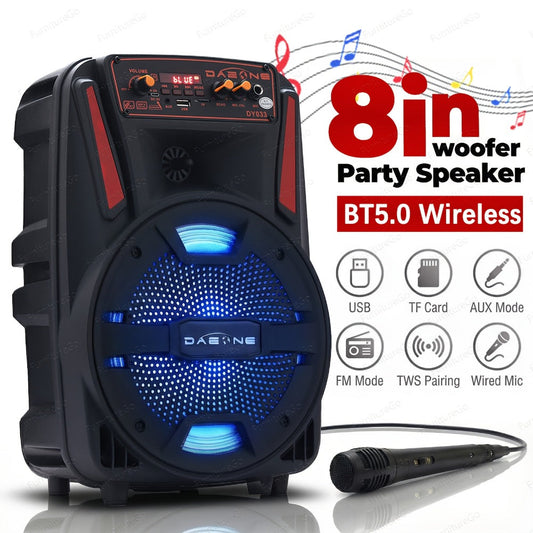 8-Inch Bluetooth Party Speaker with LED Lights & Wired Microphone – TWS Stereo Bass Boost, FM Radio, USB TF AUX Playback, Rechargeable Battery, Portable Wireless Speaker for Outdoor Parties & Karaoke