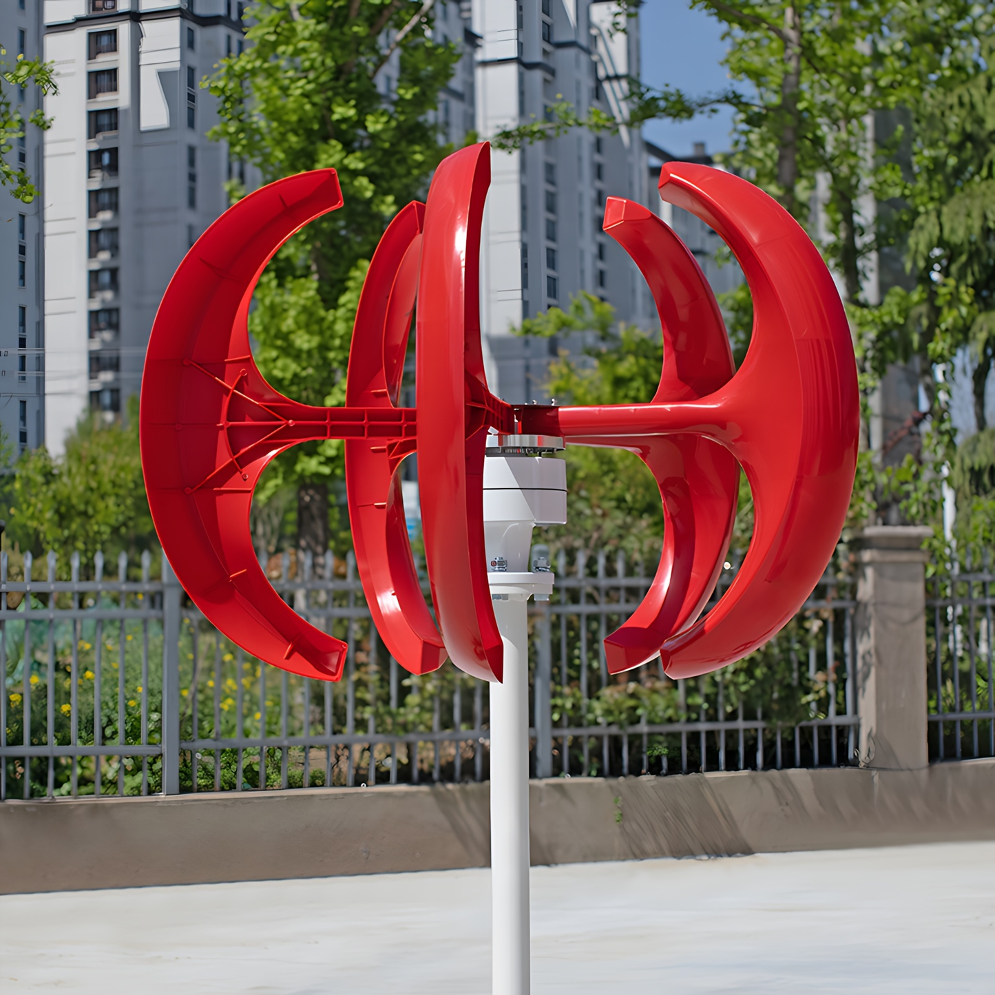 Red Vertical-Axis Wind Turbine Generator Kit with Curved Rotor Blades and Pictured Mounting Hardware