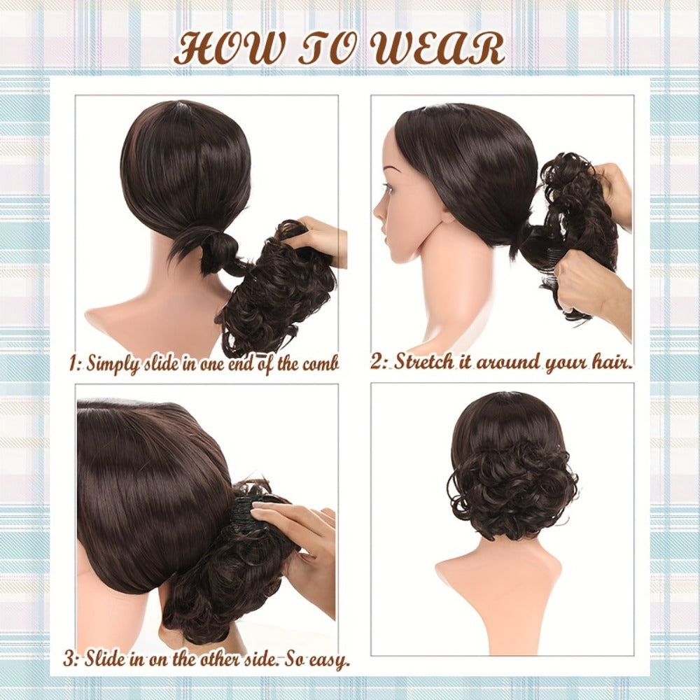 Six-Inch Curly Clip-In Hair Bun Extension with Comb and Scrunchie in Four Blended Color Options