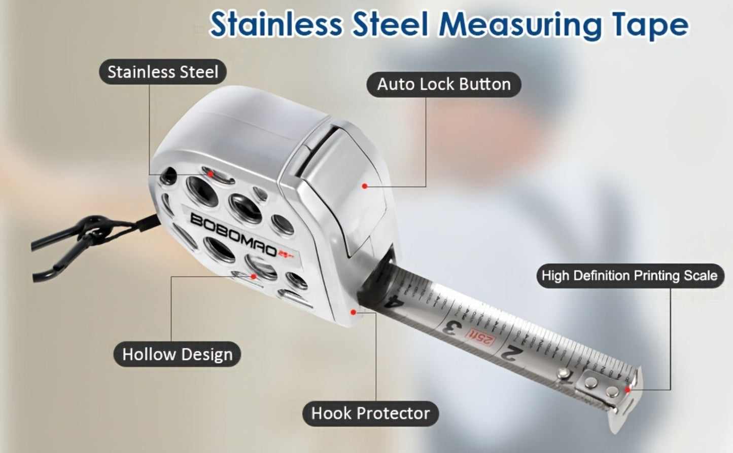 Tape Measure 25ft Auto Lock Stainless Steel Magnetic Bottom Hollow Design Anti-Fall Wear Resistant Waterproof Clear Scale Titanium Measuring Tape for Construction Woodworking Home DIY Projects
