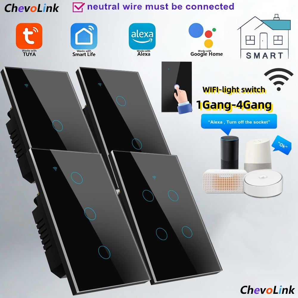 Black Glass WiFi Touch Wall Switch with One-, Two-, Three- or Four-Gang US-Style Options and Neutral-Wire Wiring