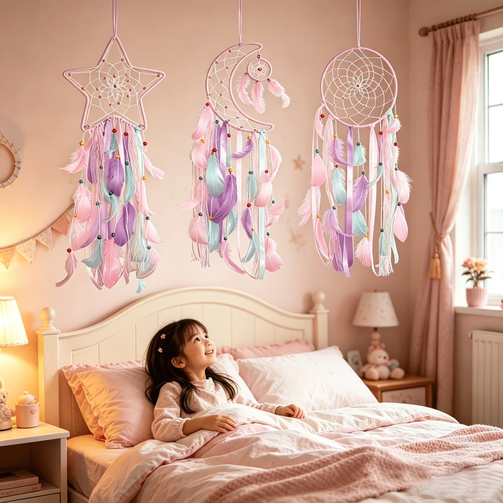 Dream Catcher Set of 3 - Moon Sun Star Wall Hanging Decor for Bedroom, Boho Room Decor for Teen Girls Kids
