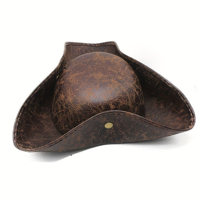 Distressed Faux Leather Pirate Tricorn Hat with Wide Three-Point Brim in Black or Brown for Adult Costumes