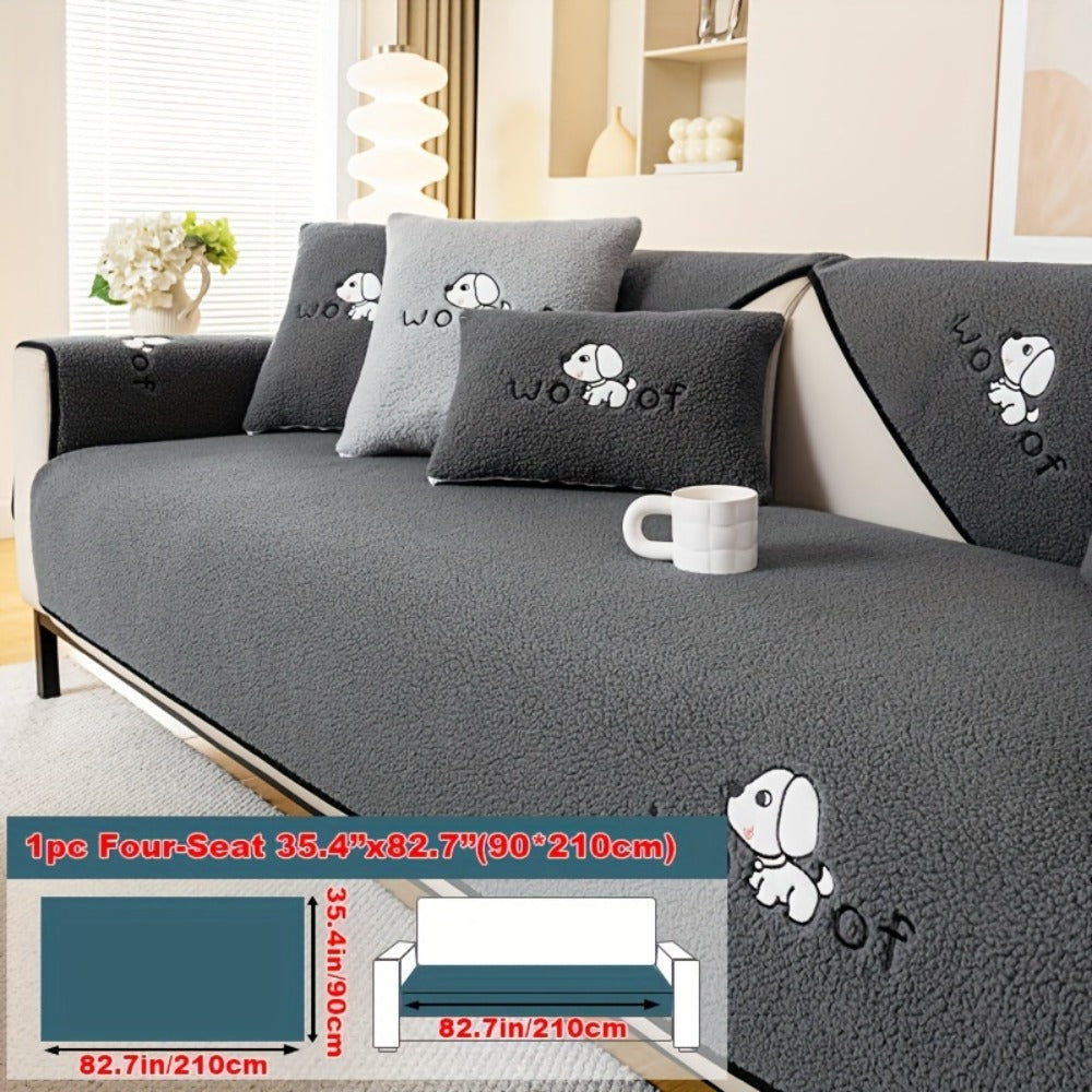Sofa Cover Embroidered Plush-Texture Panels for Single to 4 Seats, Backrest, Armrest or Pillowcase