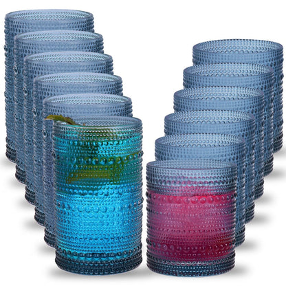 Hobnail Drinking Glasses Set 12pcs – 12oz Highball & 10oz Cocktail Vintage Embossed Boho Glassware for Beer, Juice, Tea, Milk