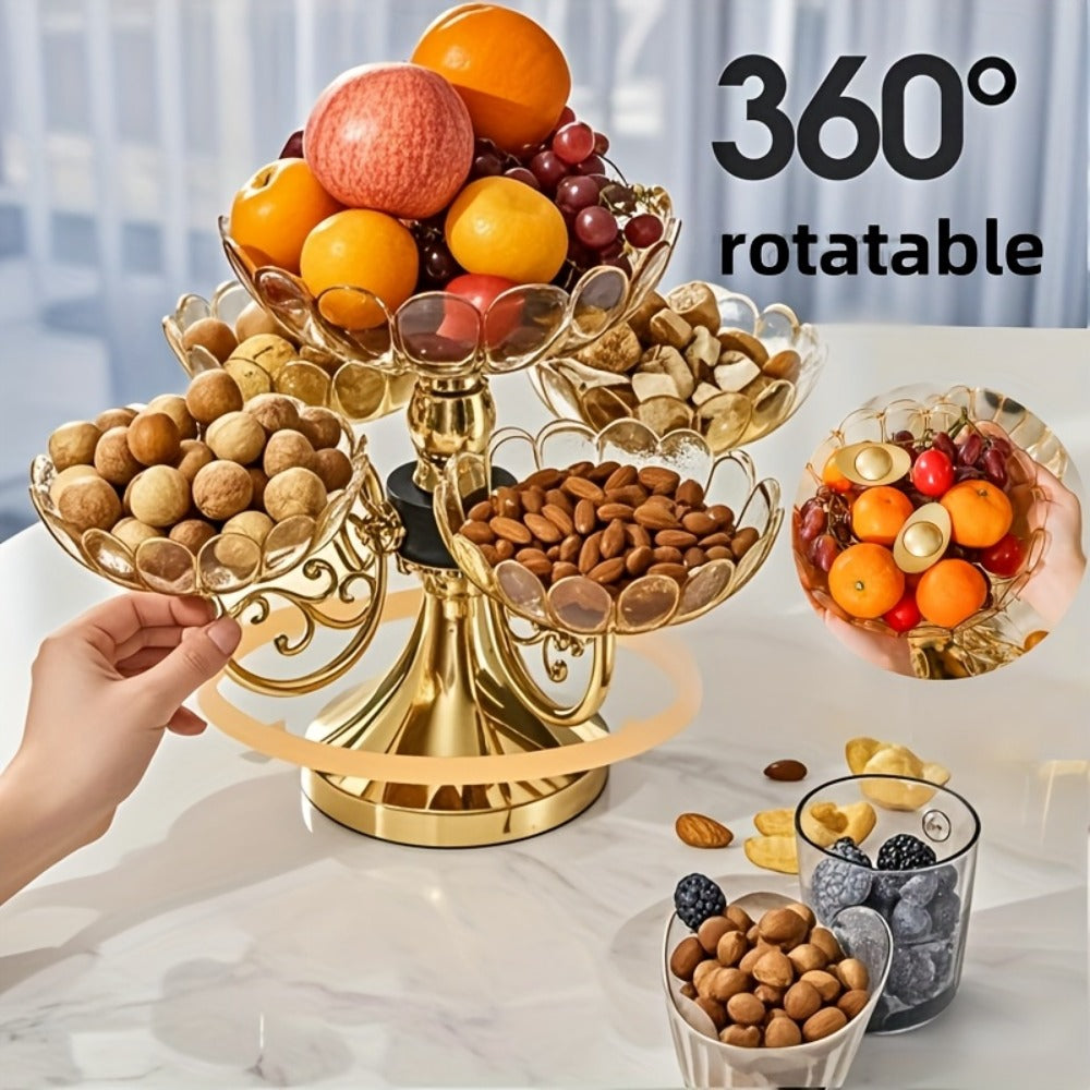 Five-Tier Rotating Fruit Plate Set with Round Multi-Layer Bowls for Snacks, Candy or Dessert Display
