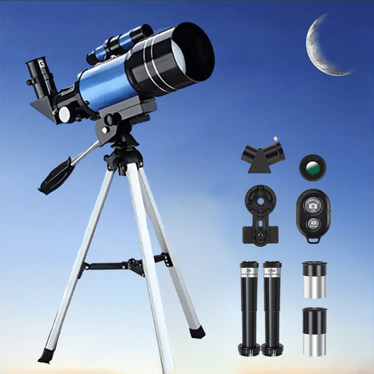 70mm Aperture Telescope 150X for Adults & Kids – Portable Astronomical Telescope with Tripod, Phone Holder, Barlow Lens & Eyepiece, Best Gift for Stargazing, Nature & Education