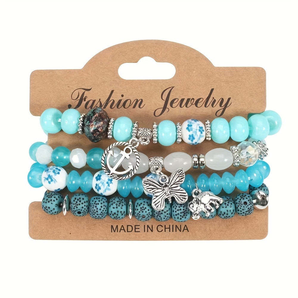 Bracelet Set, 24-Piece Assorted Wood-Bead Elastic Stack with Tassels and Pendant-Style Accents