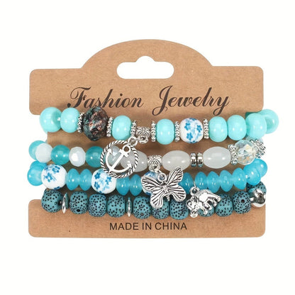 Bracelet Set, 24-Piece Assorted Wood-Bead Elastic Stack with Tassels and Pendant-Style Accents