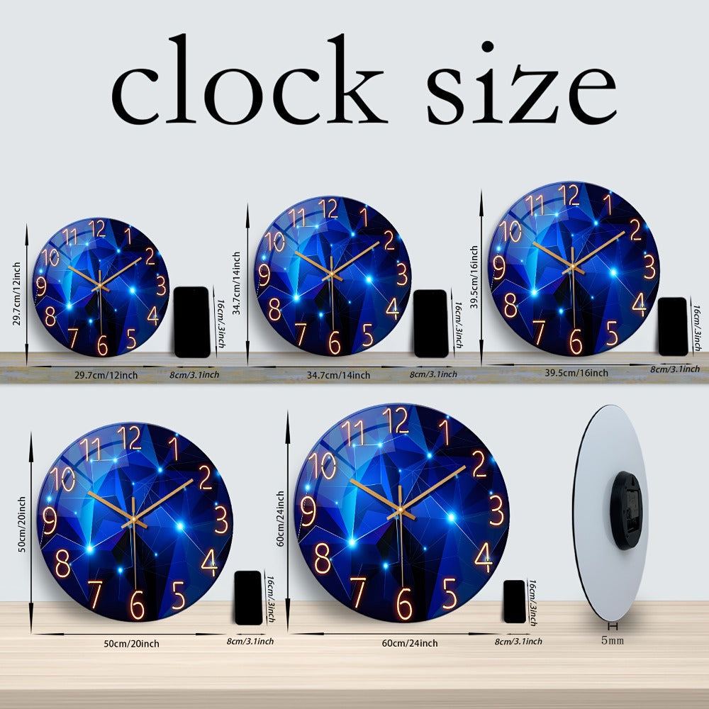 Blue Glass-Face Wall Clock with Gold-Tone Numerals, Quartz Movement and Five Diameter Options from 12 to 24 Inches