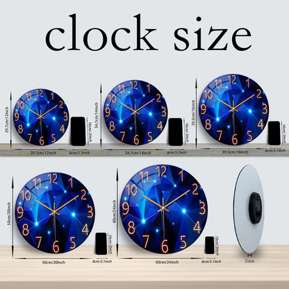 Blue Glass-Face Wall Clock with Gold-Tone Numerals, Quartz Movement and Five Diameter Options from 12 to 24 Inches
