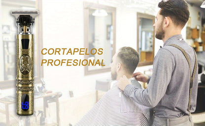 Hair Clippers & Trimmers Vintage Gold T-Blade Model with LCD Display, USB Charging and Three Etched Designs