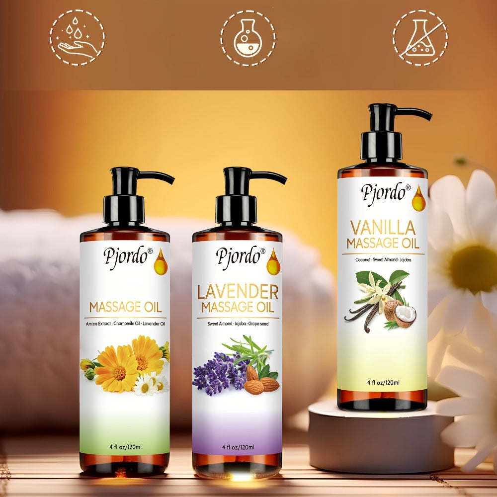 Massage Oil Set 3pcs Roller Ball, Vanilla Arnica & Lavender Essential Oils Moisturizing Body Massage Kit for
