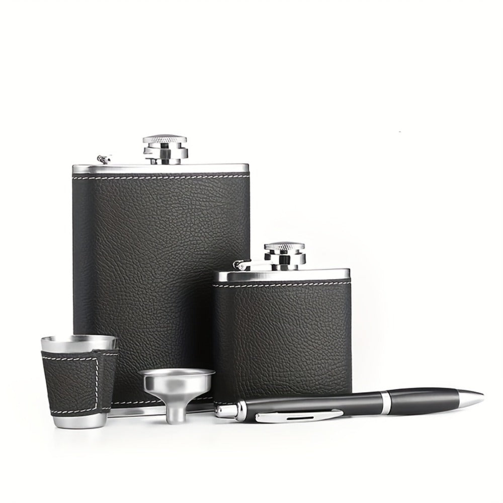 Black Gift-Box Flask Set with 8.1- and 3-Ounce Bottles, Cup, Filter and PU-Style Cover for Home and Everyday Use