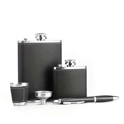 Black Gift-Box Flask Set with 8.1- and 3-Ounce Bottles, Cup, Filter and PU-Style Cover for Home and Everyday Use
