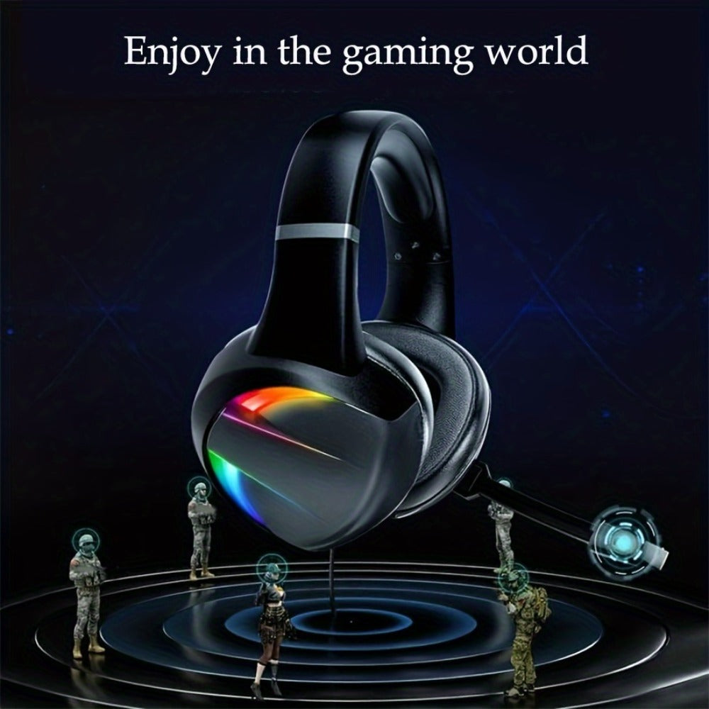 Black Wired Gaming Headset with Boom Microphone, RGB-Style Earcup Lighting and Inline Cable Controls