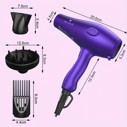 Purple WAZOR 1875W Hair Dryer with Three Heat Settings, Two Speeds, Cool Shot and Three Styling Attachments