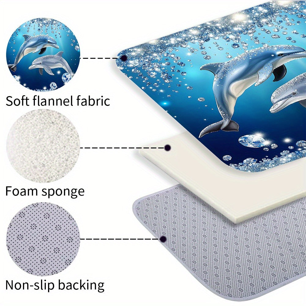 Four-Piece Dolphin Shower Curtain Set with Coordinated Bath Mat, Toilet Rug, Lid Cover and Twelve Hooks