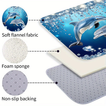 Four-Piece Dolphin Shower Curtain Set with Coordinated Bath Mat, Toilet Rug, Lid Cover and Twelve Hooks