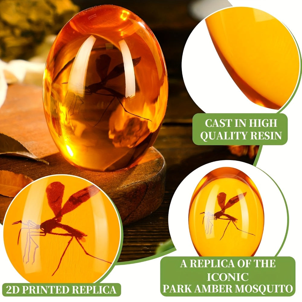 Amber-Tone Resin Mosquito-Inclusion Paperweight in One- or Two-Piece Options, 2.75-Inch Oval Desk Display