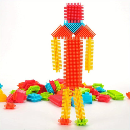 Building Block Set Bristle Construction Pieces, 150-Piece Colorful Interlocking Shapes with Storage Tub