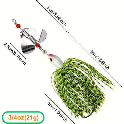 Fishing Lure Set 6-Piece Spinnerbait Buzzbaits, 3/4oz with Rotating Blades, Silicone Skirts and Single Worm Hooks
