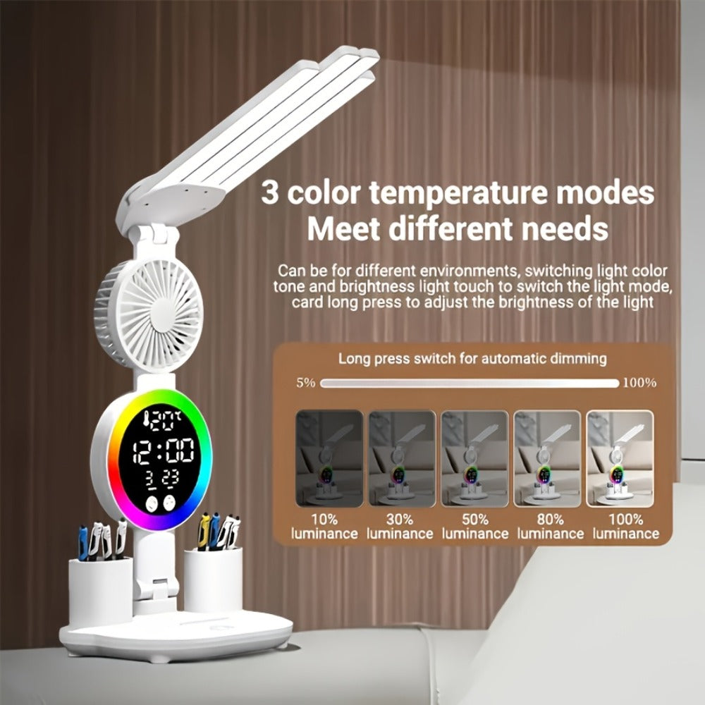 Multifunction LED Desk Lamp with Dual Light Bars, Built-In Fan, Digital Clock Display and One- or Two-Pack Options