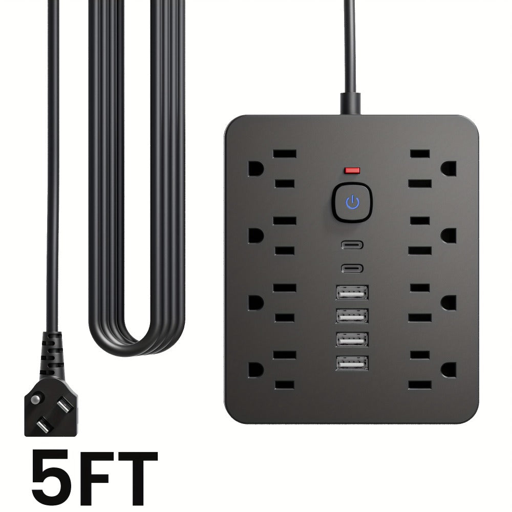 Power Strip Flat-Plug Wall-Mount 14-in-1 with 8 AC Outlets, 4 USB-A, 2 USB-C and 5- or 10-Foot Cord