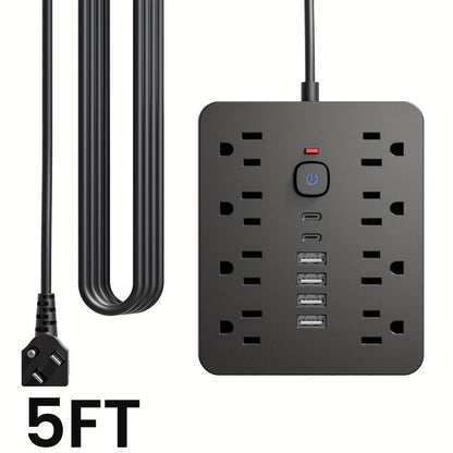 Power Strip Flat-Plug Wall-Mount 14-in-1 with 8 AC Outlets, 4 USB-A, 2 USB-C and 5- or 10-Foot Cord
