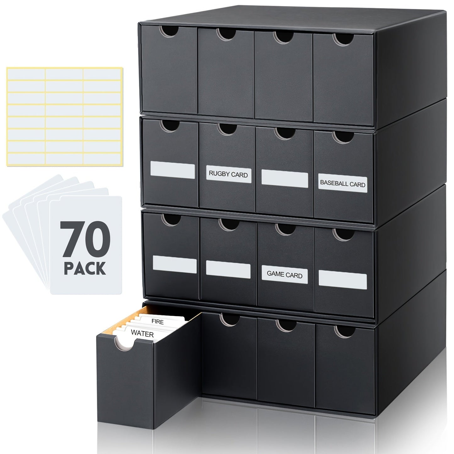Four-Row Cardboard Trading Card Organizer Set with 16 Inner Boxes, 70 Dividers and Label Stickers