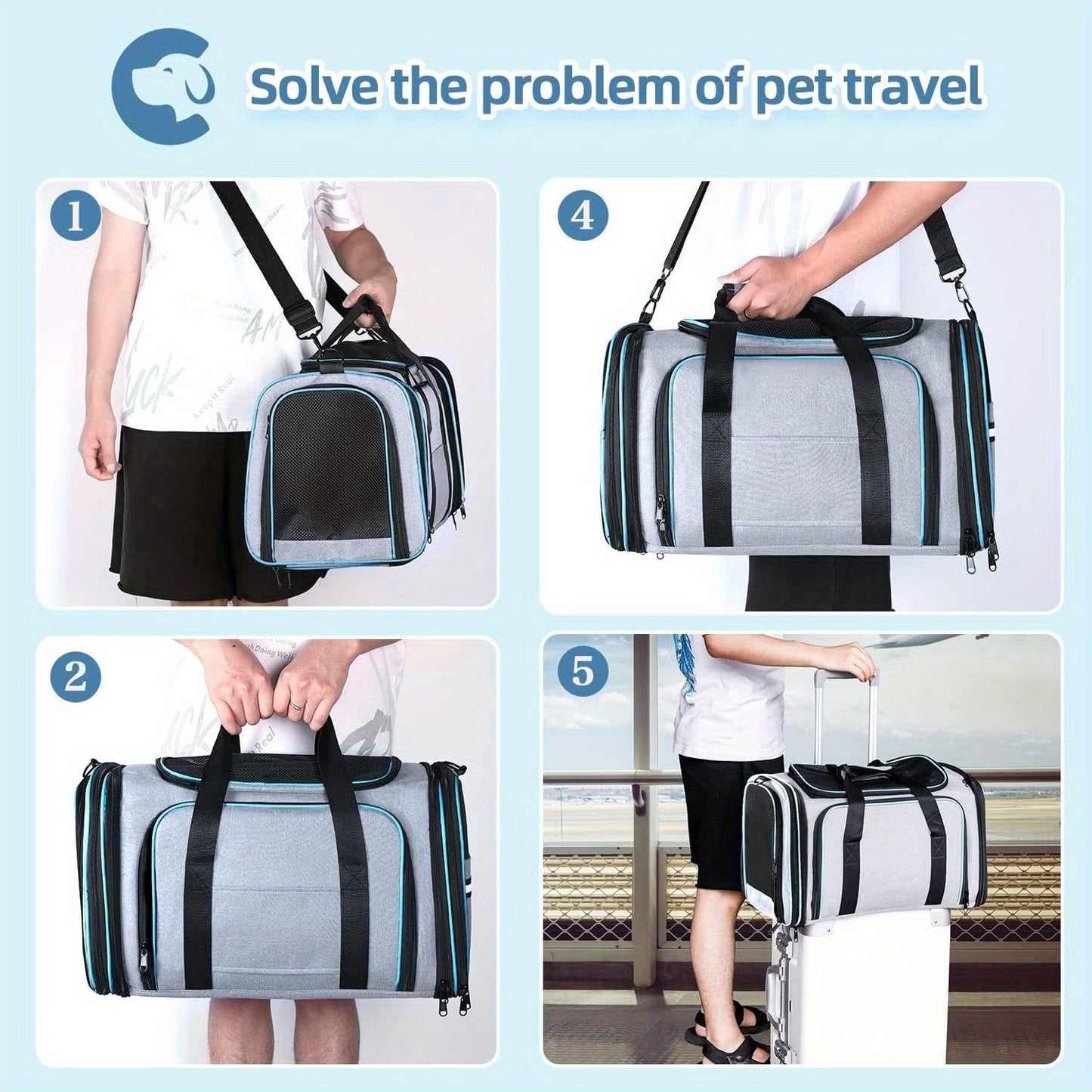 Airline Approved Expandable Pet Carrier Bag | Soft-Sided Polyester Travel Tote for Small Dogs & Cats, Removable Fleece Pad, Reflective Strips, Steel Frame, Top & Side Entry, Small & Large Size