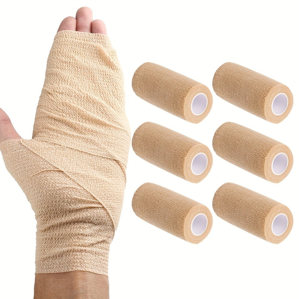 Cohesive Bandage Wrap Six-Pack with 4-Inch by 5-Yard Beige Self-Adhering Nonwoven Rolls for First Aid Kits