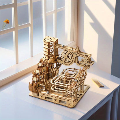Wooden Marble Track Model Kit with Dual-Linkage A or B Builds, Laser-Cut Panels, Gears and Ball Rails