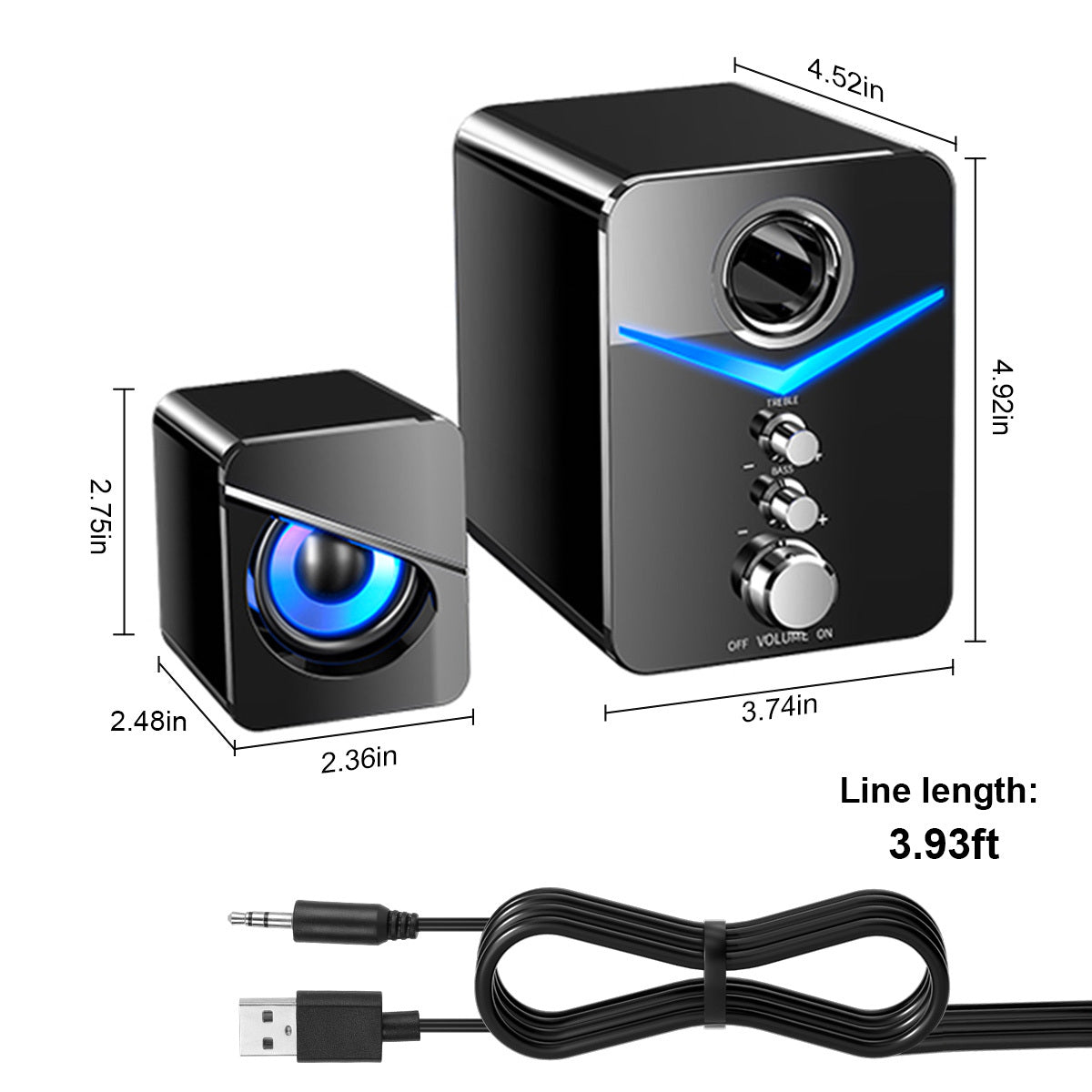 USB Powered Computer Speakers with Subwoofer, 3.5mm Aux Wired Desktop PC Laptop Speaker System, Dual 2" Tweeter + 3" Subwoofer, 10W Stereo Sound for Gaming Home Office