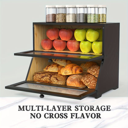 Bamboo Bread Box for Kitchen Counter – Double Layer Large Capacity Bread Storage Container with Window, Farmhouse Bread Holder for Loaves, Pastries & Bagels, Countertop Organizer