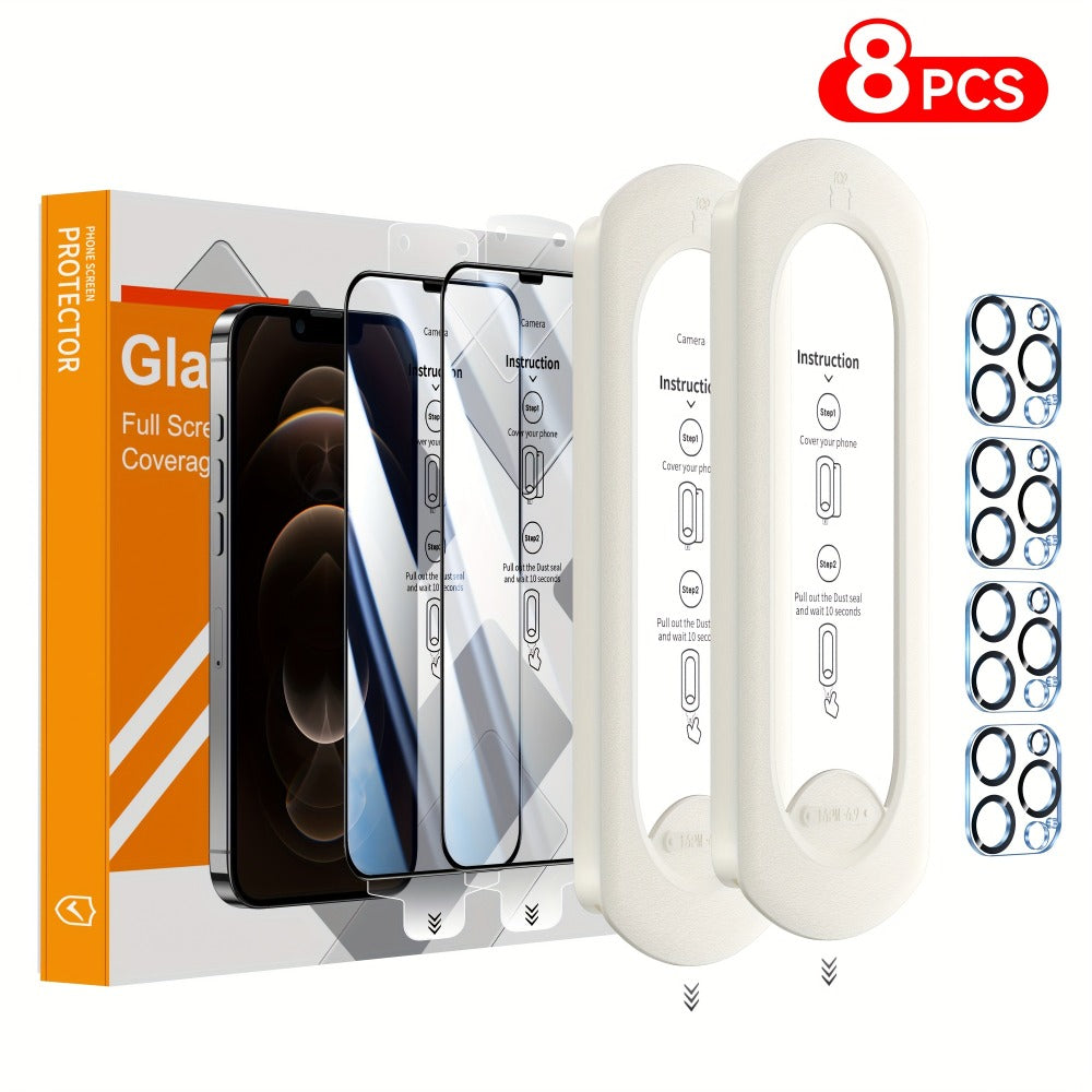 Screen Protector, 8-Piece iPhone Tempered Glass Set with Four Screen Films, Four Camera Lens Covers and Alignment Tools