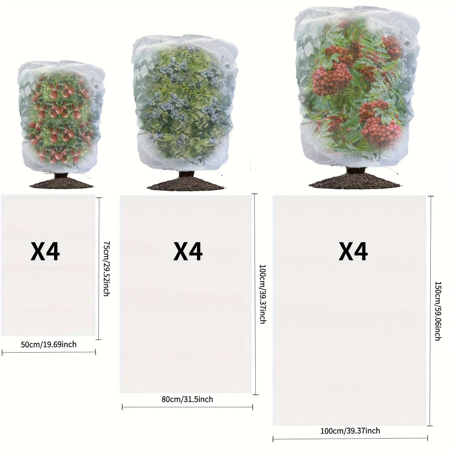 Four-Pack Drawstring Plant Protection Bags in Three Sizes for Fruit Trees, Shrubs and Garden Covers