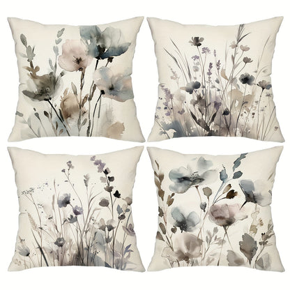 Four-Piece Watercolor Poppy Pillow Cover Set, 17.72 x 17.72 Inches with Neutral Botanical Prints