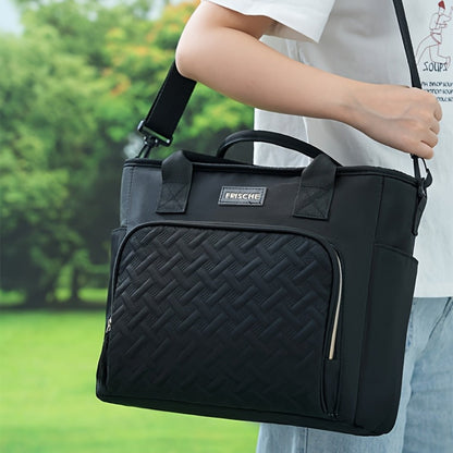 11L Quilted Lunch Bag Tote with Front Zipper Pocket, Side Tissue Pocket, Strap and Four Colors