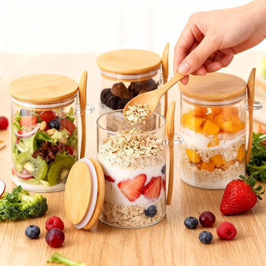 Overnight Oats Jar Set, 16oz Glass Containers with Lids and Spoons in 4-Piece or 8-Piece Options