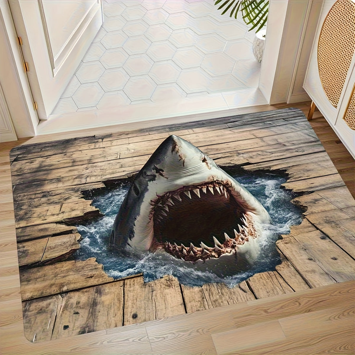 Shark Door Mat Non-Slip Washable Polyester Flannel Rug for Entryway Bathroom Bedroom Living Room Kitchen Porch Laundry RV Ocean Sea Design