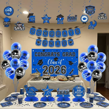 Party Decorations Class of 2026 Graduation Set with Backdrop, Banner, Swirls and Table Pieces in Five Colors