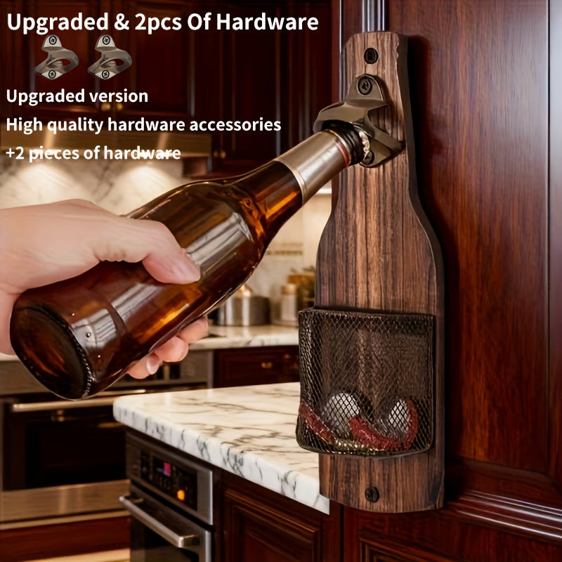 Wall-Mounted Bottle Opener with Rustic Wood-Look Backboard, Metal Cap Catcher Basket and Two-Piece Hardware Set